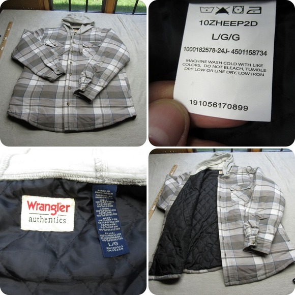 Wrangler Flannel Jacket Men Large Gray White Plaid Quilt Line Hood Insulated NEW - Picture 1 of 14